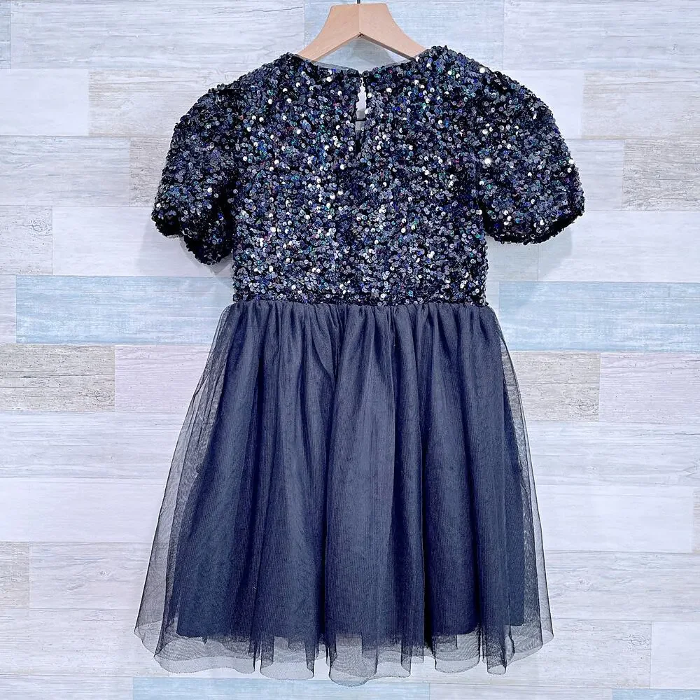 Cat & Jack Sequin Tulle Skirt Dress Black Short Cap Sleeve Girls Medium 7/8
